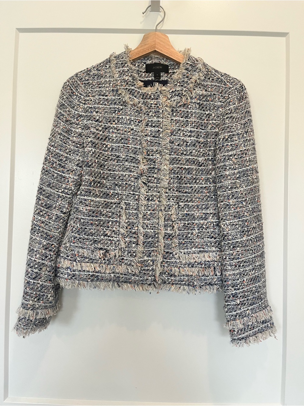 J. Crew Lady Jacket in Metallic Tweed Fringe Trim Preppy Old Money Chic size 8